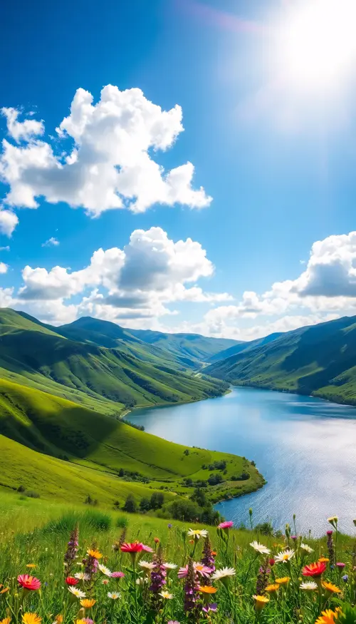 Image "A summer landscape with green hills, a lake, and bright flowers, Lake Kanas" (1536x2688)