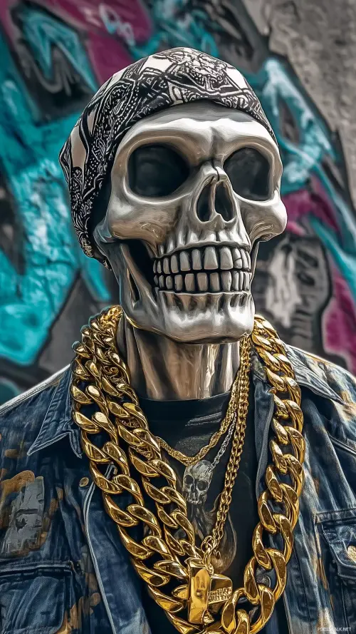 Image "A skull in a bandana with gold chains on a graffiti background" (1440x2560)