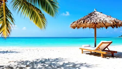 Image "On a snow-white beach under a straw umbrella stands a sunbed surrounded by palm trees and azure sea" (3840x2194)