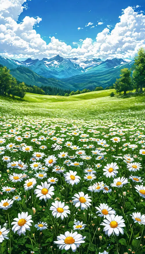 Image "A beautiful chamomile field surrounded by green hills and majestic mountains in the background" (1472x2576)