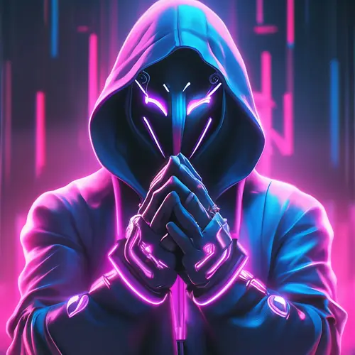 Image "A hooded character with a neon mask and glowing hands" (1024x1024)