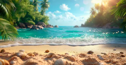 Image "A sunny beach with turquoise sea, palm trees and shells on the sand" (5428x2800)