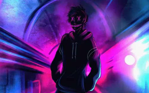 Image "An anime character with a sewn-up mouth and cross-shaped eyes against a neon background" (3840x2400)