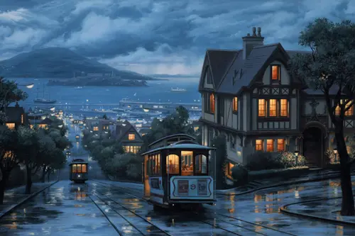 Image "Rainy evening in San Francisco with streetcars, houses and a view of the bay" (2880x1920)