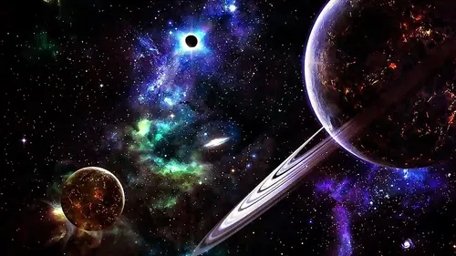 Image "A bright and colorful space scene with planets, stars and a black hole" (1920x1080)