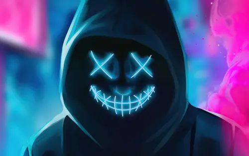 Image "A character wearing a neon mask with a hood and a sewn-up mouth" (3840x2400)