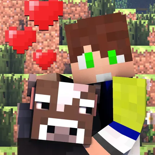 Image "A Minecraft character hugging a cow with hearts on the background" (1080x1081)