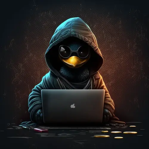 Image "A duck in a hoodie and glasses at a laptop" (1024x1024)