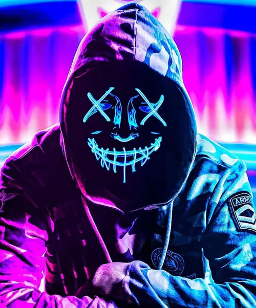 Image "A man in a hoodie wearing a neon mask with a smile and crosses instead of eyes" (748x900)