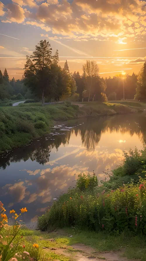Image "A picturesque sunrise over a river surrounded by greenery and flowers, with clouds reflected in the water" (2000x3556)