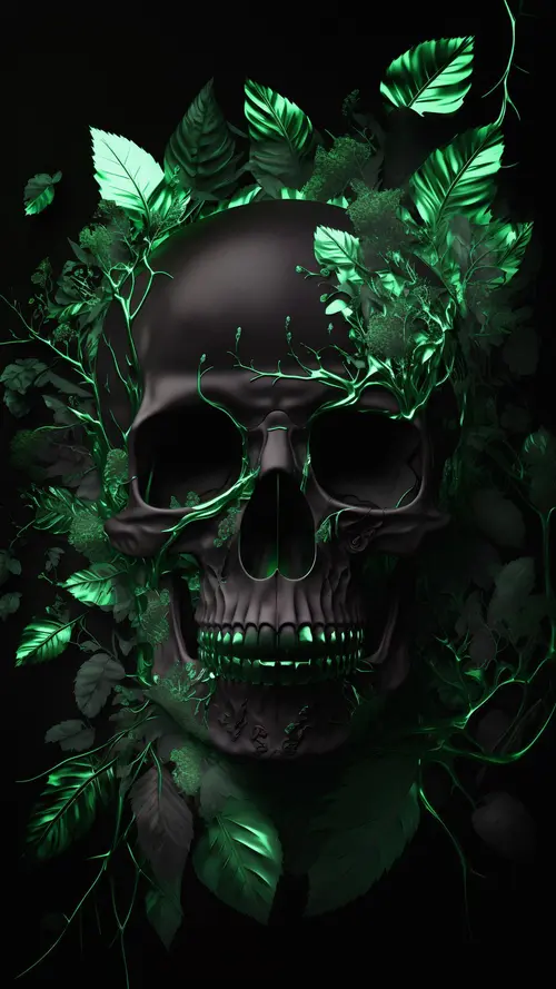 Image "A black skull with green glowing leaves and branches" (1080x1920)