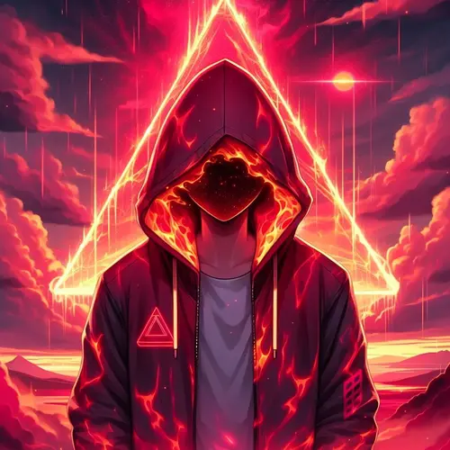 Image "A hooded man with a fire triangle against a sunset background" (1024x1024)