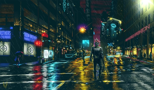 Image "Cyberpunk, rain, city, art" (1700x992)