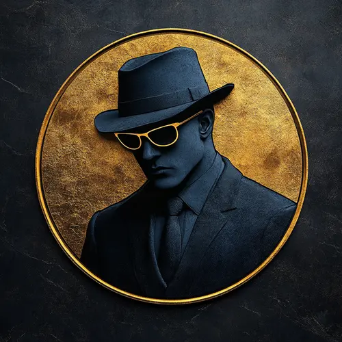 Image "Mysterious man in hat and glasses, black and gold background" (1024x1024)