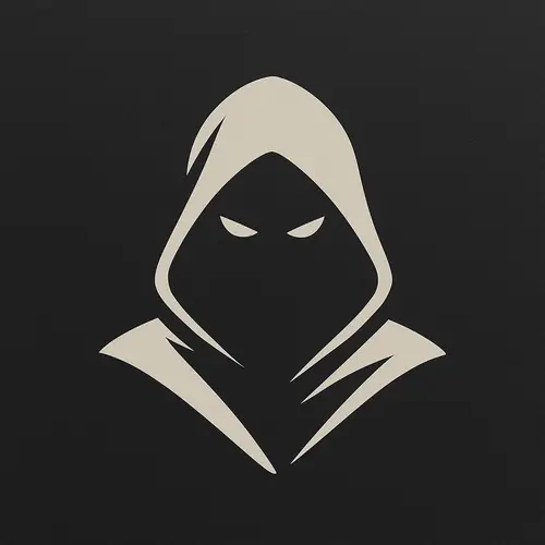 Image "A minimalist logo featuring a silhouette of a hooded man with glowing eyes on a black background." (1024x1024)