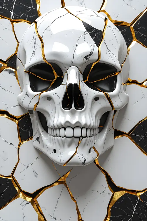 Image "A white skull with golden cracks that seems to break through the marble surface." (2496x3744)