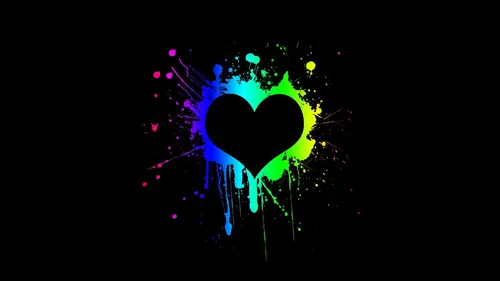 Image "A black heart surrounded by multicolored drops of paint on a black background" (1920x1080)