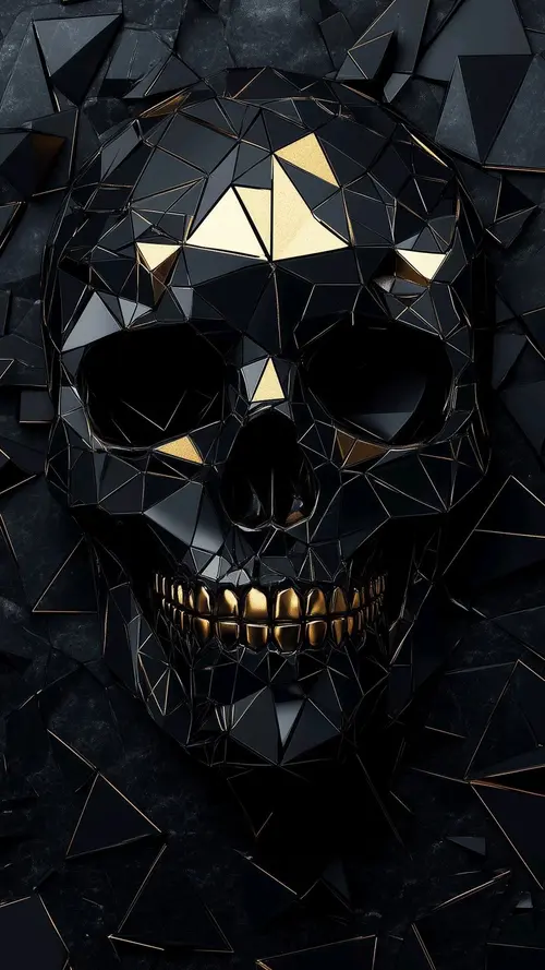 Image "Black polygonal skull with golden teeth and triangles" (1080x1920)