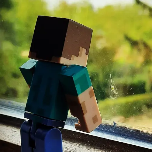 Image "A figurine of Steve from Minecraft, standing at the window and looking at the street" (1080x1081)