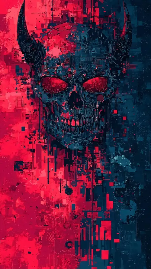 Image "A bright skull with horns on a background of red and blue neon chaos" (1472x2616)
