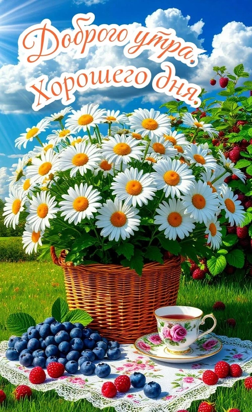 Изображение «Доброго утра. Хорошего дня. Яркое и солнечное летнее утро. Плетёная корзина, наполненная свежими ромашками.» (768x1255)