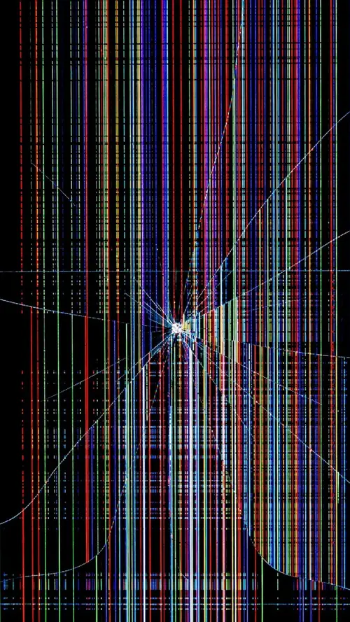 Image "A broken phone display with bright color stripes and cracks" (1080x1920)