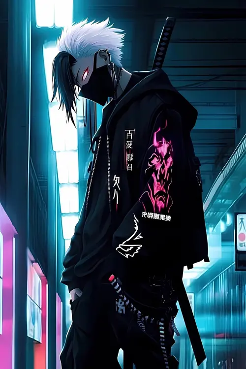 Image "A cyberpunk character with white hair and red eyes, wearing a black mask and a hoodie" (1440x2160)