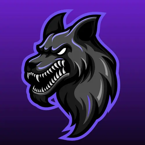 Image "An emblem with a black wolf with a grin on a purple background" (900x900)