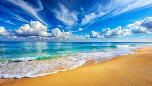 Image "A sunny beach with golden sand, turquoise waves and a blue sky adorned with fluffy clouds" (3600x2030)