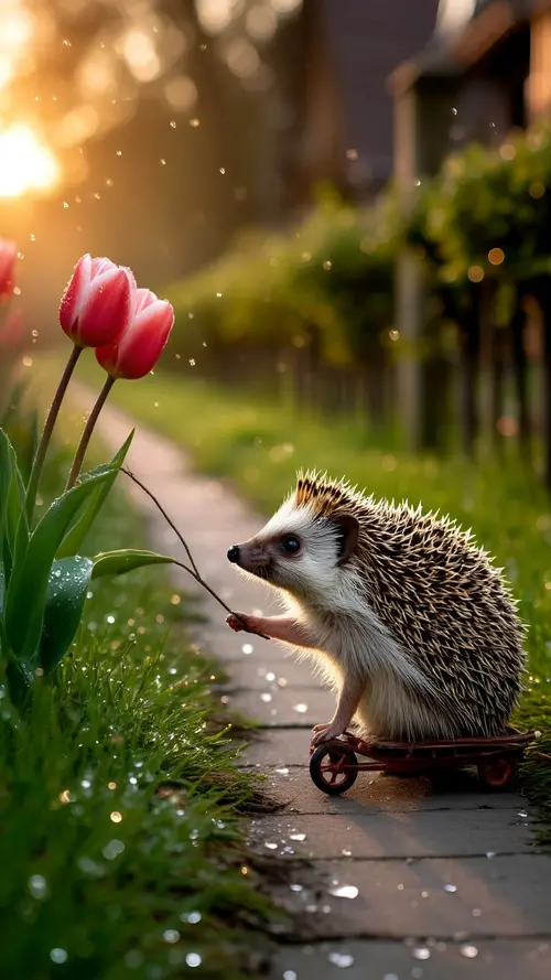 Image "A little hedgehog rides a cart along the path and touches the tulips" (2000x3556)