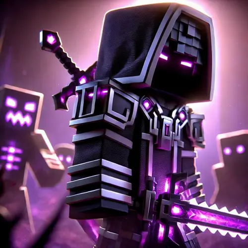 Image "A character from the Minecraft game in a black cape with a purple sword and eyes" (1000x1000)