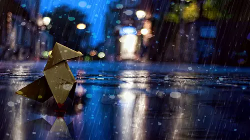 Image "Origami figurine on the background of a rainy street" (1920x1080)