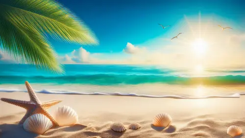 Image "A picturesque beach with shells, a starfish and a palm tree against the backdrop of bright sunshine and a turquoise ocean" (5120x2880)