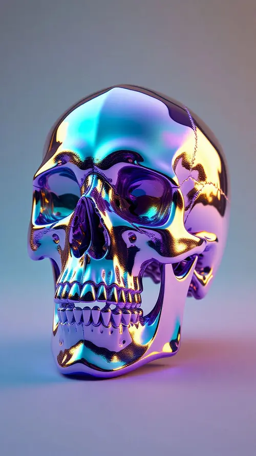 Image "A metal skull with an iridescent surface reflecting light" (1200x2133)