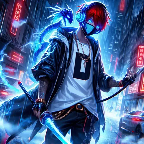 Image "An anime character with red hair, headphones, and a mask with a blue dragon and sword" (1024x1024)