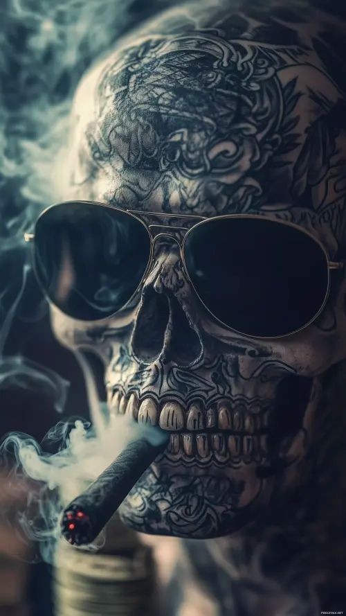 Image "The image, featuring a skull adorned with tattoos, wearing sunglasses and smoking a cigarette, is done in the dark art style" (2160x3840)
