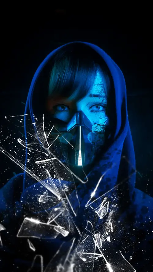 Image "A girl in a hood with a mask on her face and broken glass around" (1080x1920)