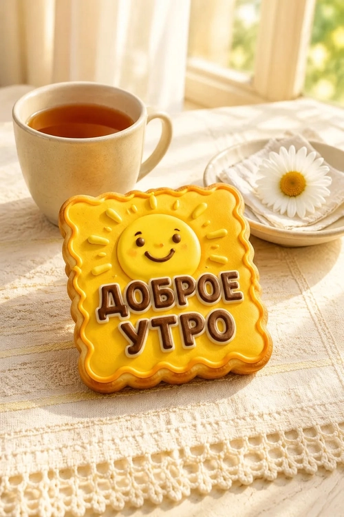 Изображение «Доброе утро! 🌞 Очаровательное печенье с надписью «Доброе утро» и улыбающимся солнышком.» (1024x1536)