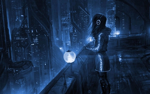 Image "Girl in a cyber city at night, art" (1920x1200)