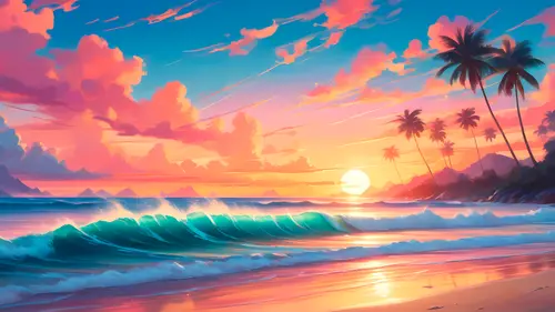 Image "Tropical sunset with palm trees and waves, art" (3840x2160)