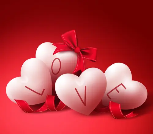 Image "White hearts with red ribbons that add up to the word "LOVE"" (6000x5269)