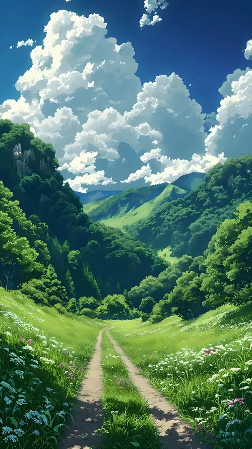 Image "A picturesque landscape with green hills, blooming meadows, and a cloudy sky" (2000x3556)