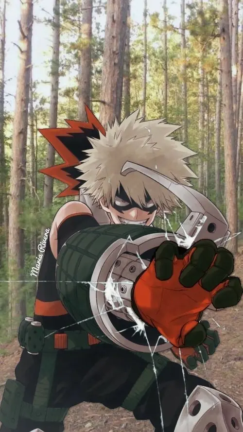 Image "Katsuki Bakugo from the anime "My Hero Academy", who uses his explosive power to break through glass" (1080x1920)