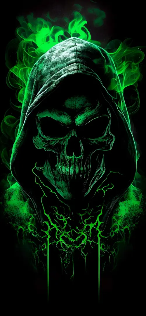 Image "A green skull in a hood with green smoke and lightning" (1440x3120)
