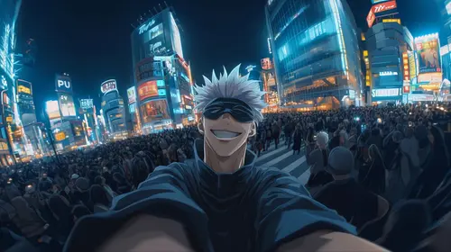 Image "Gojo Satoru from the anime "Magical Battle" taking a selfie against the backdrop of a bustling city at night with bright neon signs" (2048x1148)