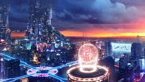 Image "Cyberpunk cityscape, sunset" (3840x2160)