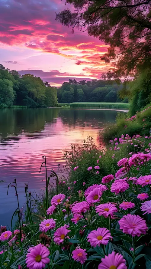 Image "Landscape with a pink sunset, flowers, and a lake" (2000x3556)