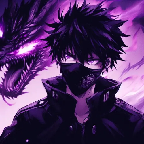 Image "An anime character wearing a mask with a dragon in the background" (1024x1024)