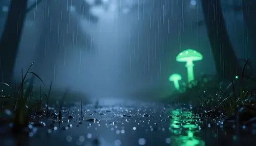 Image "Glowing mushrooms in the rain" (3840x2194)