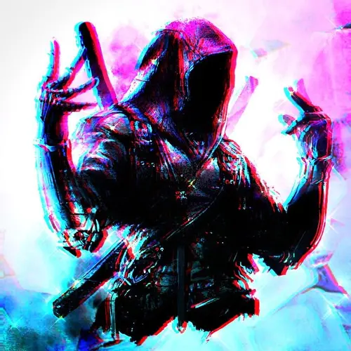 Image "A mysterious hooded assassin surrounded by bright neon colors" (720x720)